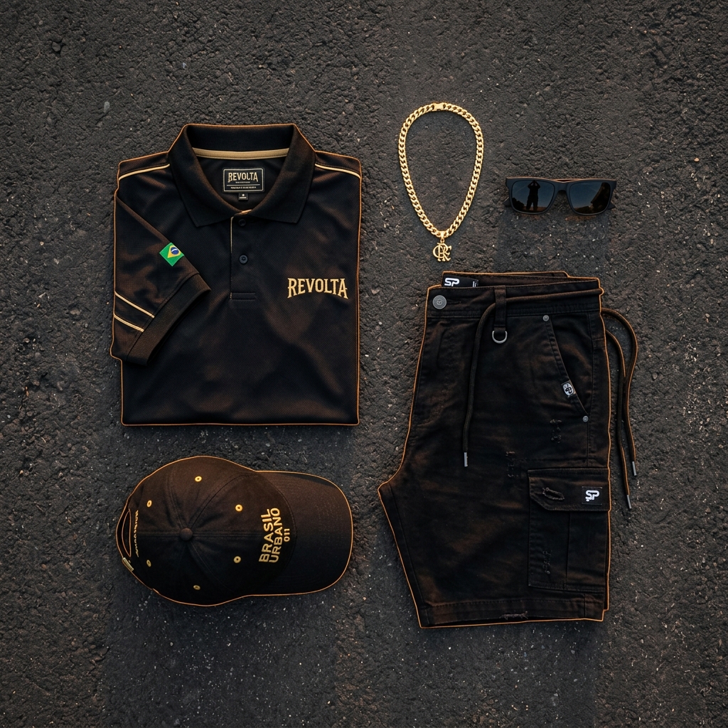 Kit Mandrake Gold & Black - Polo dry-fit com bermuda e cordão