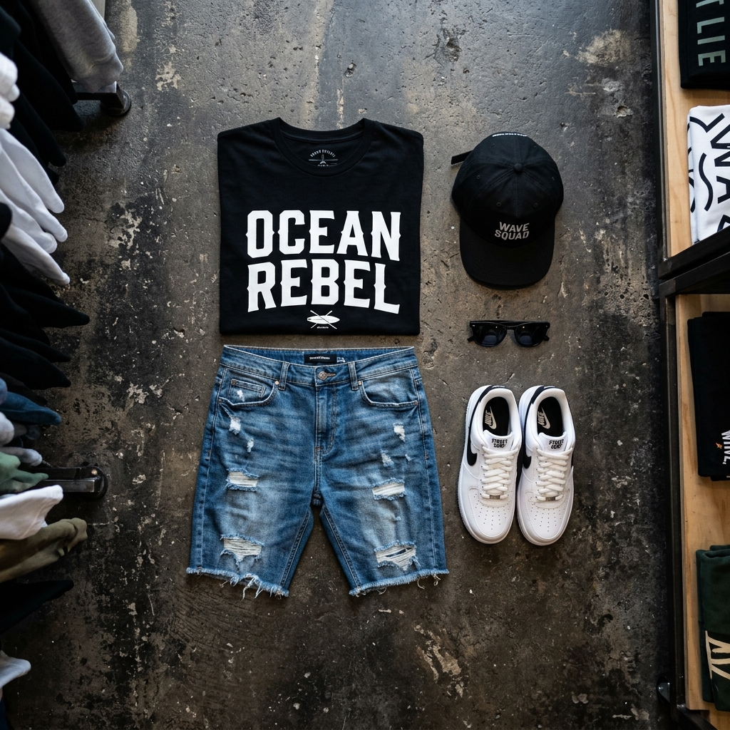 Kit Streetwear Rebel - T-shirt gráfica, bermuda jeans destroyed e tênis