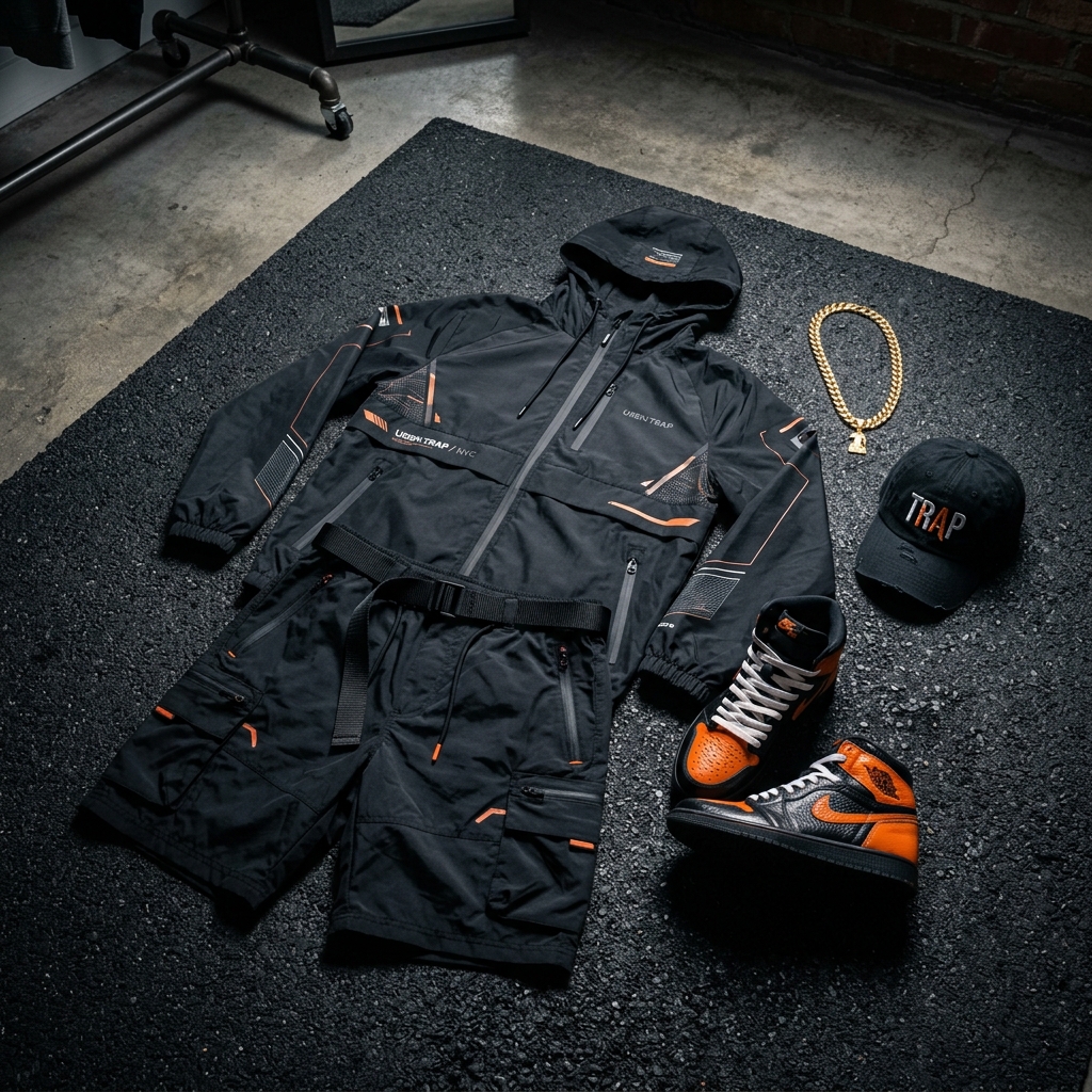 Kit Trap Techwind - Corta-vento nylon, bermuda tática e sneaker hype