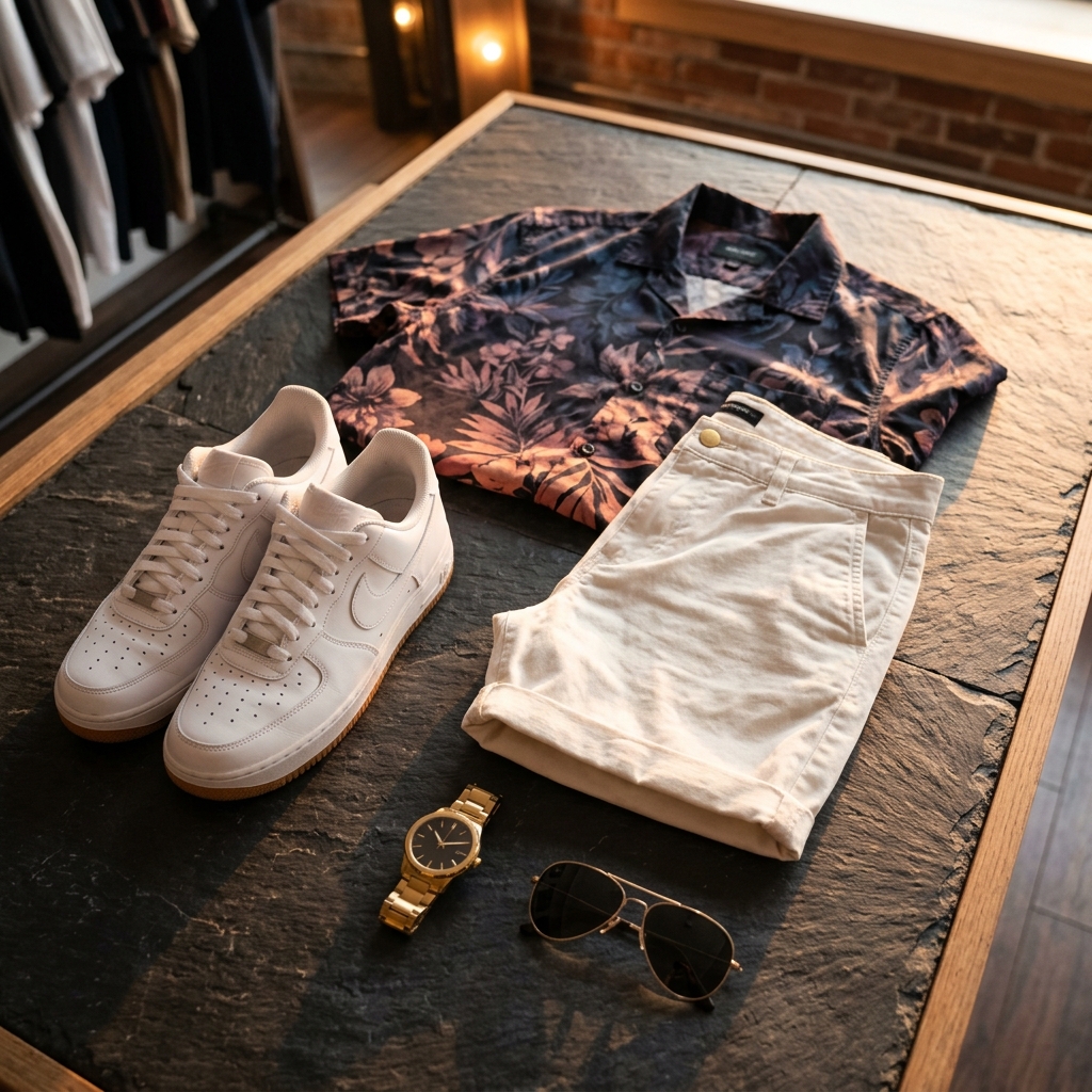 Kit Summer Sunset - Camisa floral street, bermuda chino e tênis branco