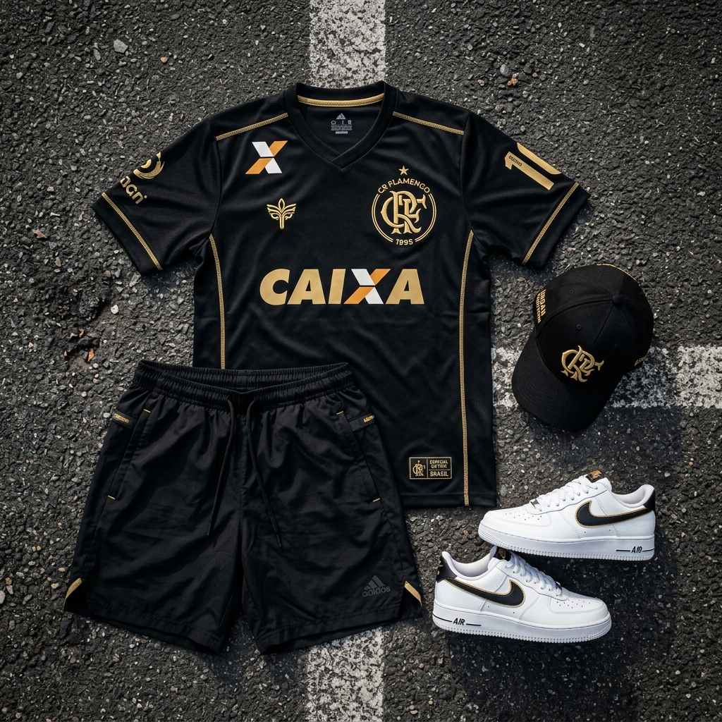Kit Jersey Brasil Black & Gold - Camisa de futebol conceito streetwear, bermuda preta e cordão