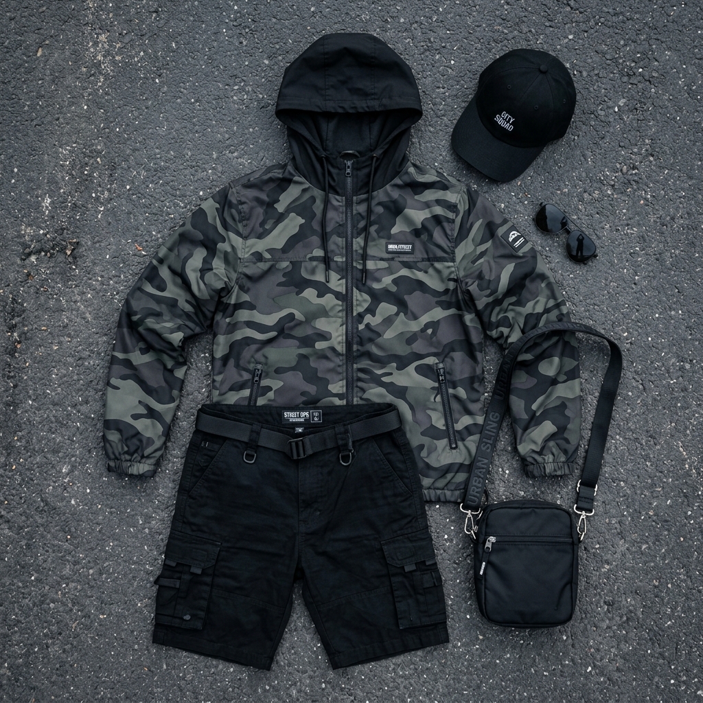 Kit Camo Tactical & Shoulder Bag - Corta-vento camuflado com shoulder bag e bermuda cargo
