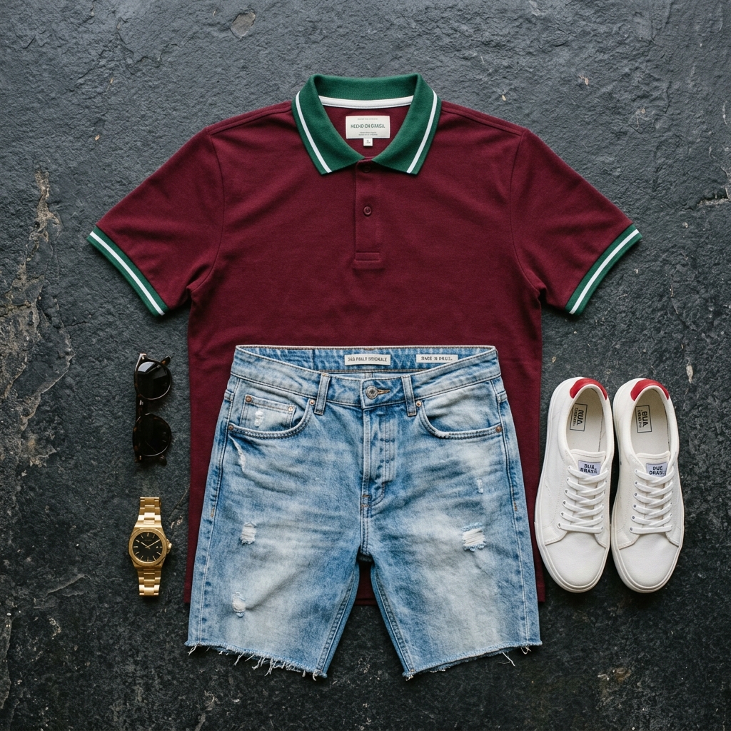 Kit Polo Vinho Mandrake & Bermuda Jeans - Polo bordô clássica com bermuda jeans destroyed