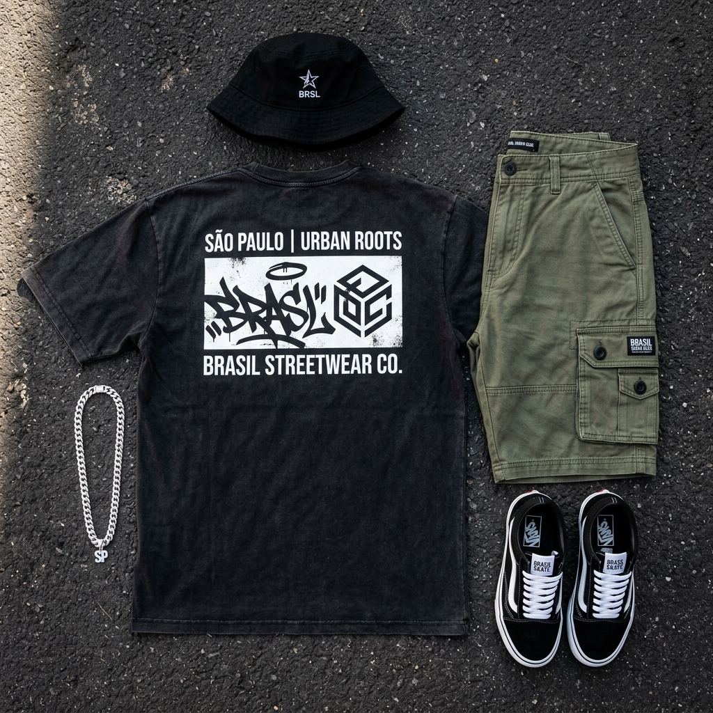 Kit Oversized Grafite & Cargo - Camiseta estonada grafite com bermuda cargo militar